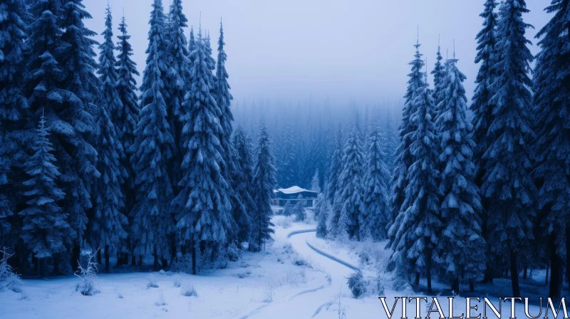 Winter Forest Landscape with Snow-Covered House AI Image