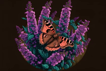 Butterfly on Purple Flowers: Hyper-Detailed Illustration with Chiaroscuro