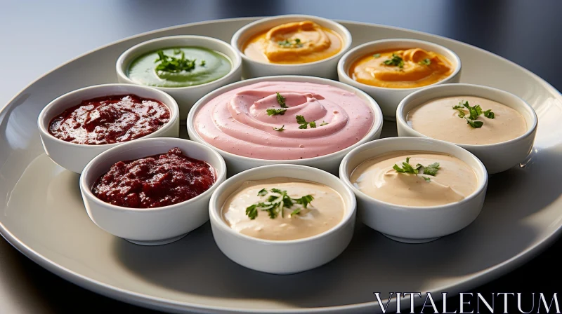 Colorful Dip Arrangement on White Plate AI Image