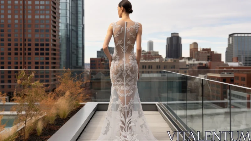 Elegant Wedding Dress Model in Cityscape AI Image