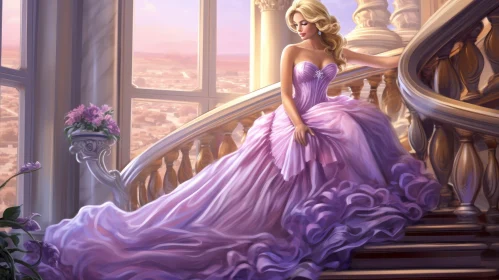 Elegant Woman in Purple Dress on Staircase