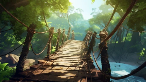 Enchanting Jungle Wooden Bridge Painting