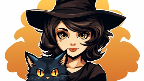Enchanting Witch Illustration with Black Cat on Orange Background