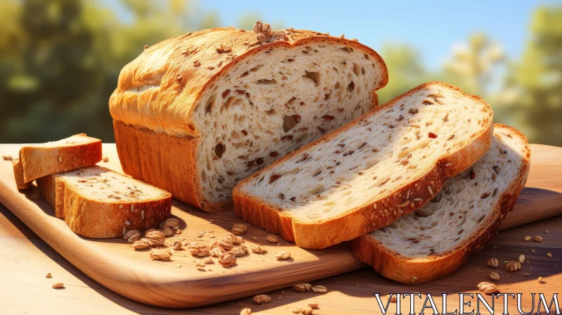 Golden Brown Bread on Wooden Cutting Board AI Image