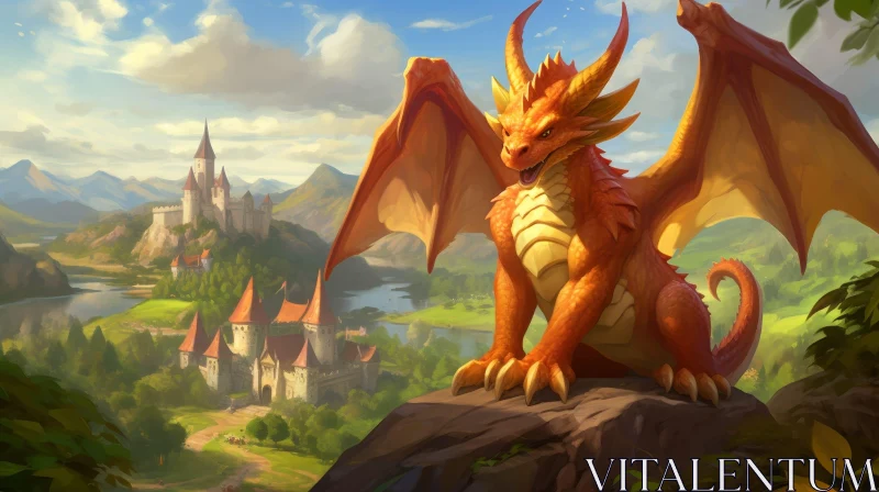 Majestic Dragon and Castle Digital Painting AI Image
