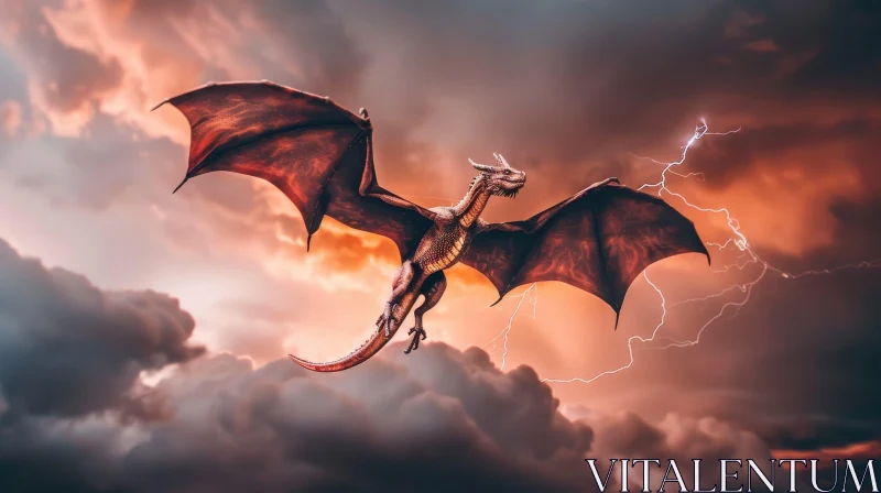 Red Dragon in Stormy Sky - Fantasy Digital Painting AI Image