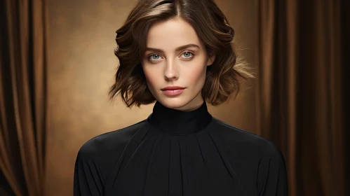 Serious Beauty: Young Woman Portrait in Black Turtleneck Blouse