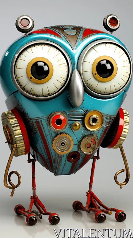 AI ART Steampunk Owl 3D Rendering - Mechanical Details in Blue and Red
