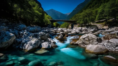 Tranquil Mountain River Landscape with Stone Bridge
