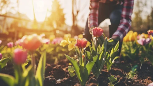Tranquil Scene: Person Gardening in Tulip Field