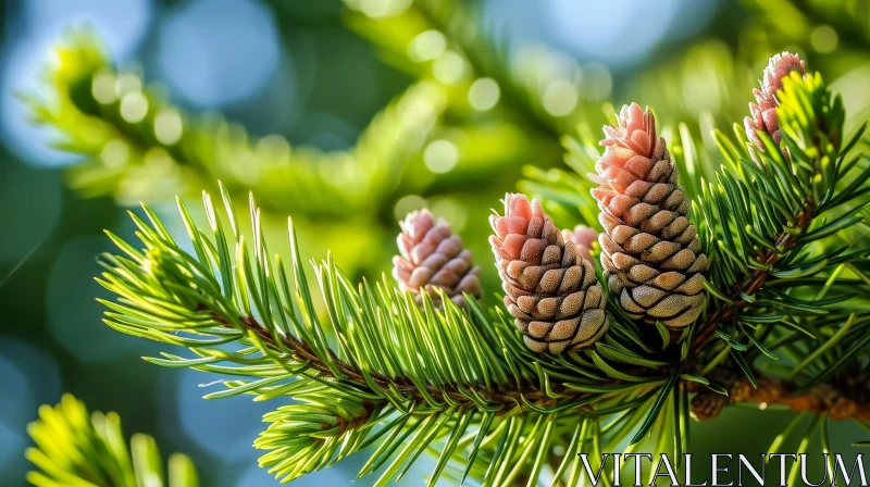Close-up Coniferous Tree Branch with Pine Cones in Bright Sunlight AI Image
