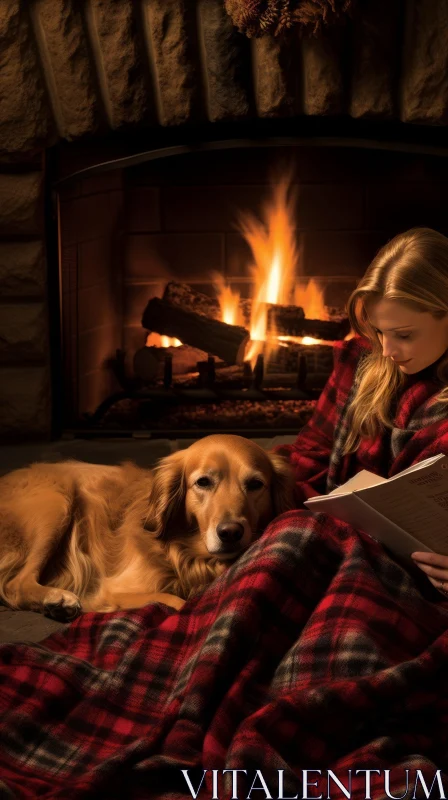 Cozy Moment: Woman Reading by Fireplace with Dog AI Image