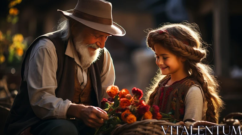 AI ART Enchanting Encounter: Old Man and Little Girl in Forest Setting