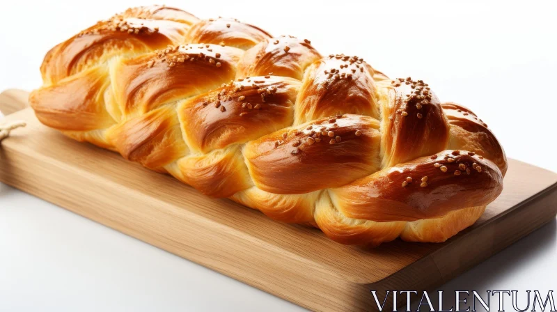 Golden Brown Braided Bread Loaf on Wooden Cutting Board AI Image