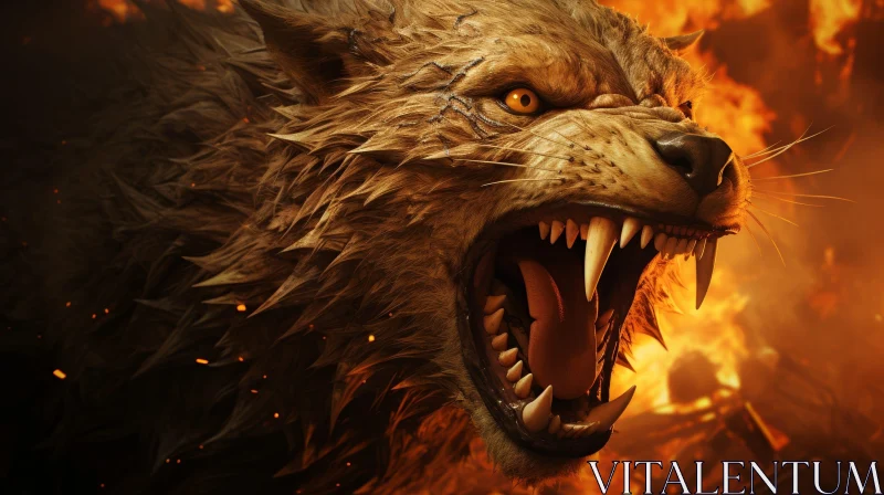 Intense Wolf Digital Painting on Fiery Background AI Image