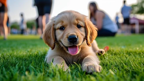 Joyful Golden Retriever Puppy Portrait in Sunlit Grass