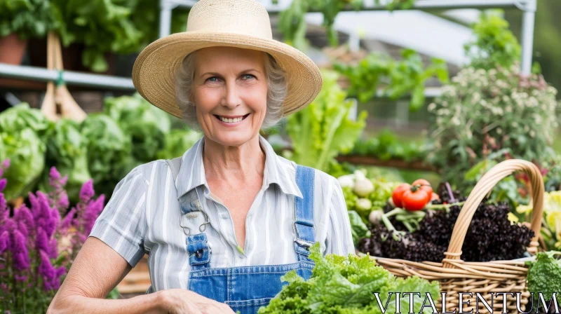 Joyful Senior Woman in Lush Garden with Fresh Vegetables AI Image