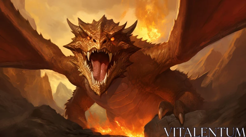 AI ART Red Dragon Digital Painting - Fantasy Creature in Fiery Surroundings