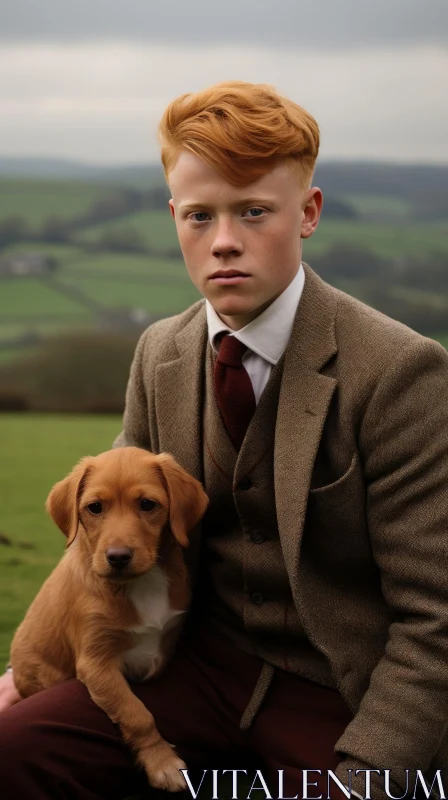 AI ART Serious Red-Haired Boy with Puppy on Green Hill