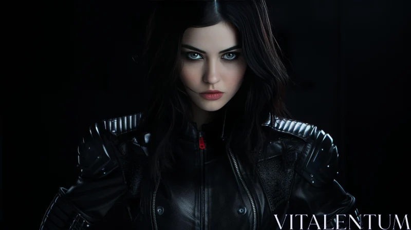 Serious Woman Portrait in Black Leather Jacket AI Image