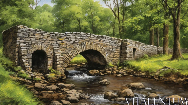 Stone Bridge Over River in Forest Painting AI Image