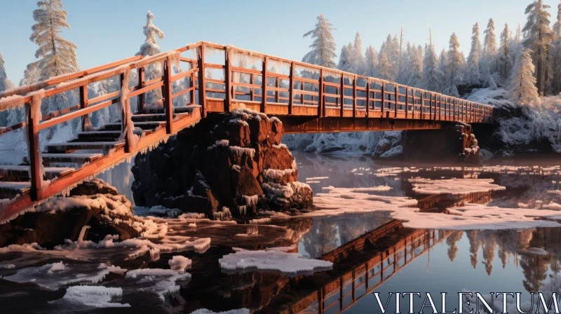 Tranquil Winter Landscape with Wooden Bridge and Snow-Covered Trees AI Image
