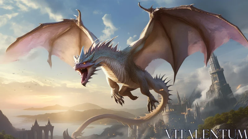 White Dragon Flying Over Medieval Castle AI Image