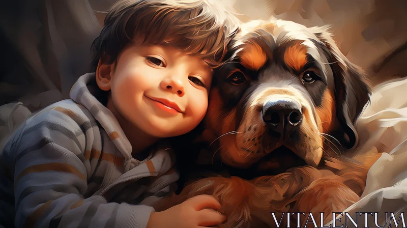 AI ART Young Boy and Dog - Heartwarming Moment on Couch