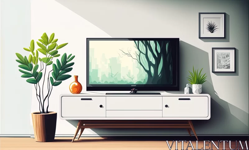 Abstract Cartoon Living Room with TV and Plants AI Image