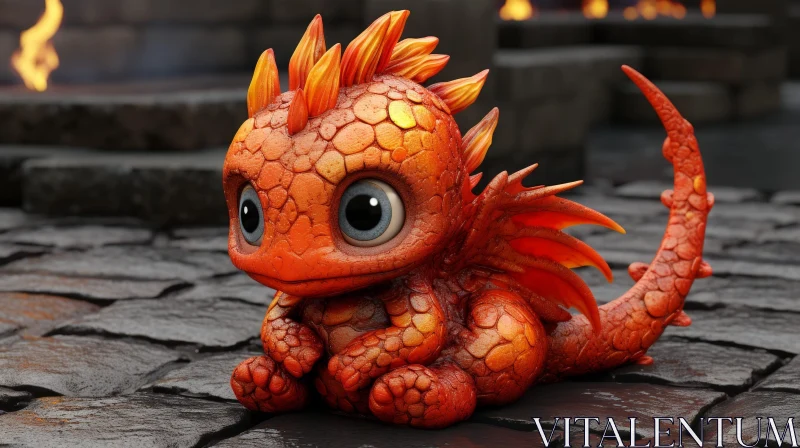 Adorable Cartoon Dragon on Stone Floor AI Image