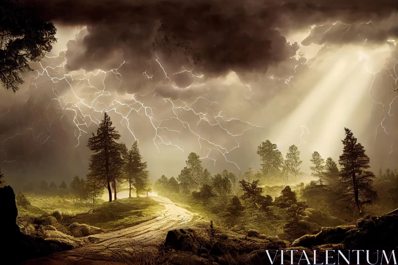 Captivating Stormy Sky: Surreal 3D Landscape with Trees and Lightning AI Image