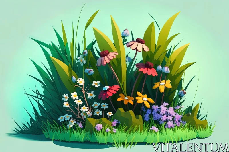 Colorful Cartoon Illustration of Flowers and Grass in a Green Field AI Image