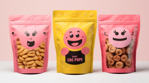 Colorful Snack Bags with Smiling Faces on Pale Pink Background