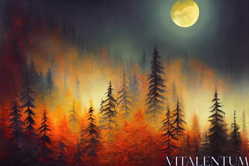 Dark Forest with Full Moon - Colorful Abstract Landscape AI Image