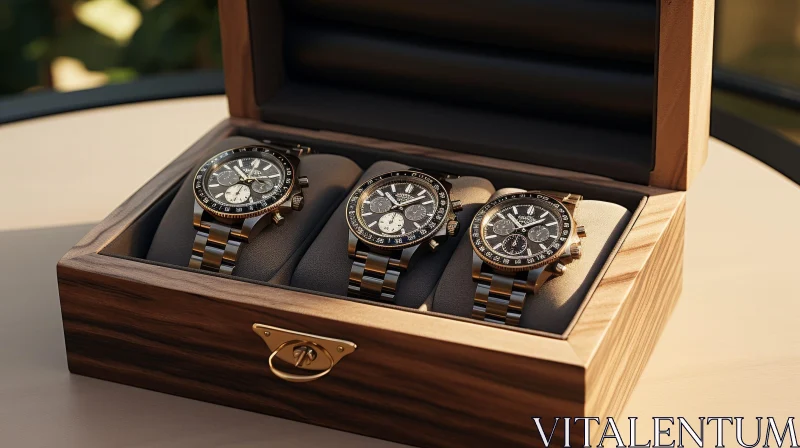 Luxury Watches in Wooden Box | Black Metal Bands | Green Field Background AI Image