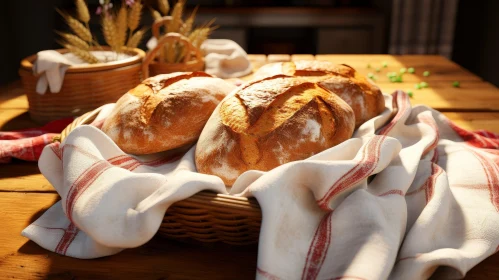 Rustic Basket of Freshly Baked Bread on Wooden Table