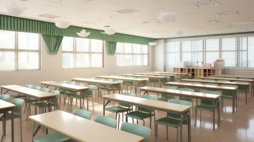 Serene Classroom Interior with Wooden Desks and Chalkboard