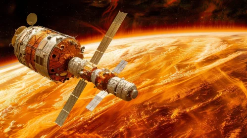 Spacecraft Orbiting Fiery Planet