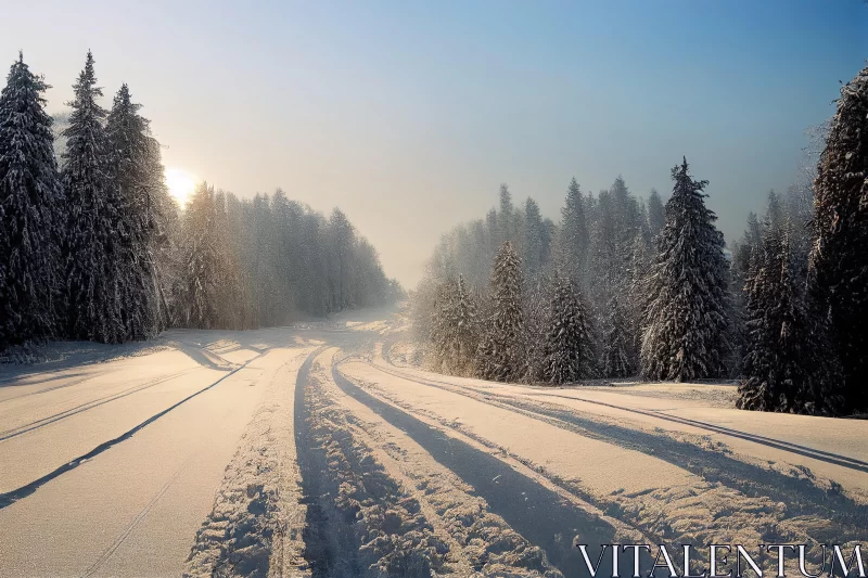 Sunshine on a Snow-Covered Road in the Woods - Hazy Landscapes AI Image