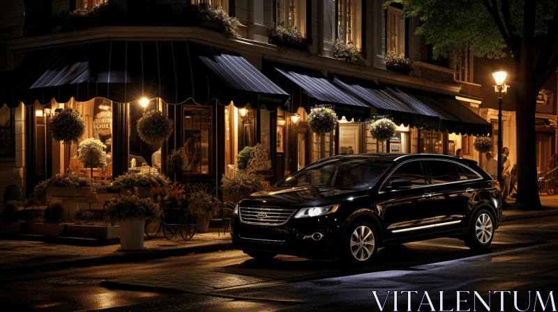 Timeless Elegance: Captivating Black SUV on a City Street at Night AI Image