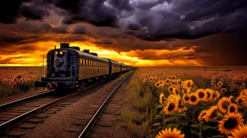 Train in Sunflower Field Landscape