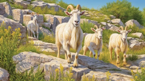 White Goats on Rocky Hill: Nature Scene