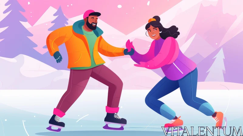 AI ART Winter Ice Skating Couple in Snow-Covered Mountains
