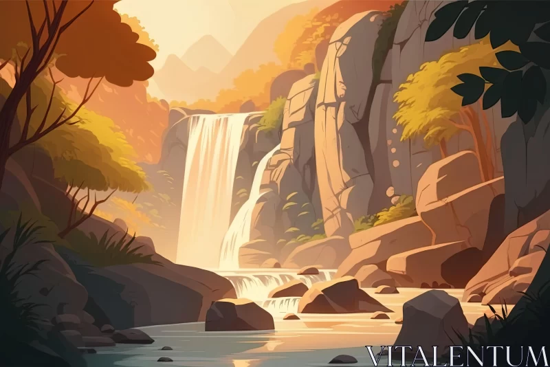 Captivating Autumn Waterfall Scene with Mountains - Graphic Novel Inspired Illustrations AI Image