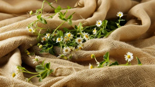 Chamomile Flowers on Beige Linen Fabric