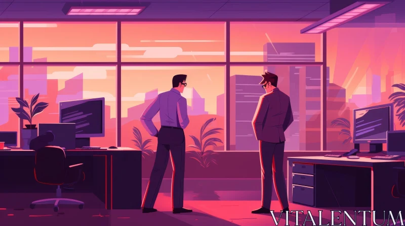 AI ART City Businessmen at Sunset: Office View