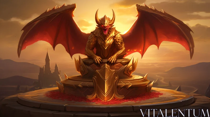 Golden Dragon on Throne at Sunset AI Image
