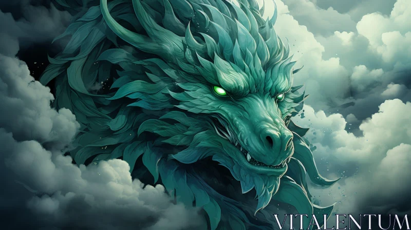 Green Dragon Digital Painting in Stormy Sky AI Image
