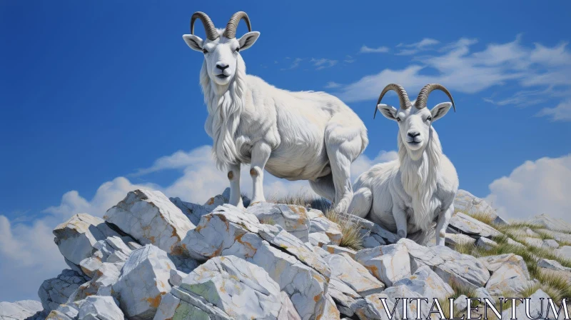 Mountain Goats Painting on Rocky Mountaintop AI Image
