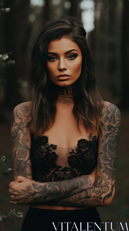 Serious Young Woman Portrait with Tattoos AI Image